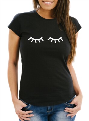 Damen T-Shirt Schlafende Augen Wimpern Eye Lashes Müde Schlafen Mascara Slim