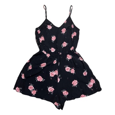 Combinaison Short Vintage Aqua Blues Années 90 - Motif Floral Noir - Taille M - Parfait Pour L'été Et La Plage