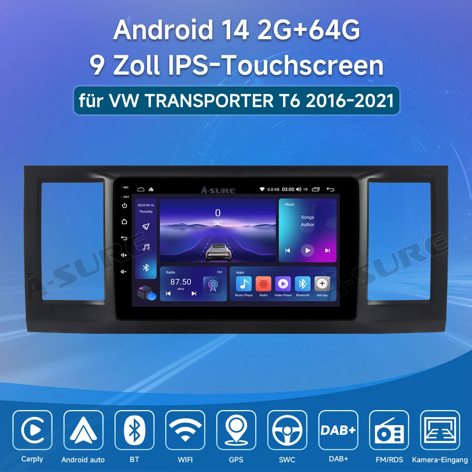 für VW T6 Transporter Multivan Android 14 Autoradio BT 5.0 GPS Navi Carplay 64GB - Bild 2 von 4