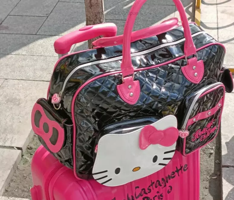 Black Hello Kitty PVC Shiny Stitched Bow Handbag Cute Kitty Duffle Bag  Suitcase | eBay