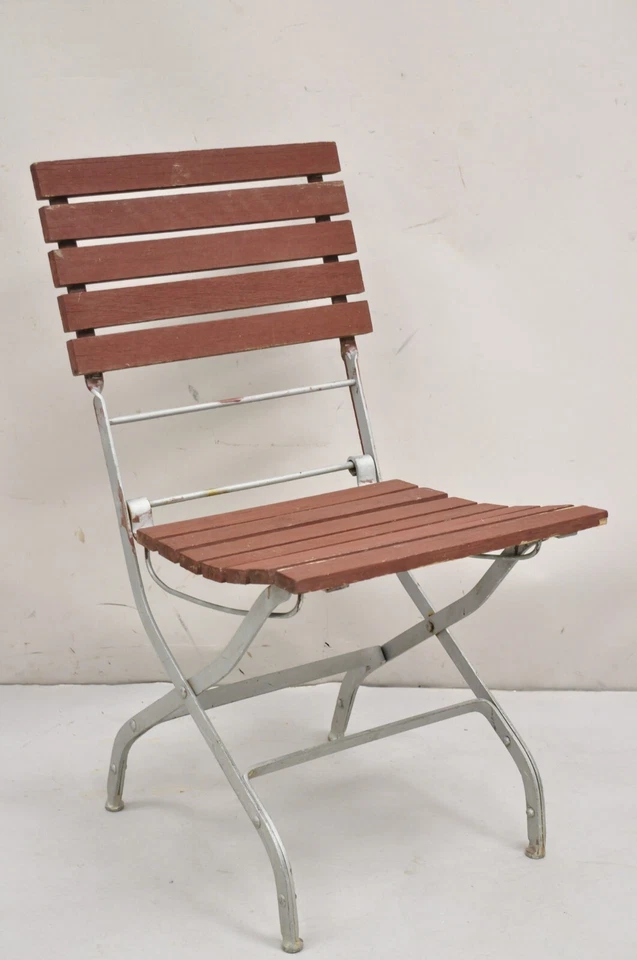 Sillas de jardín plegables con marco de hierro de listones de madera estilo rural francés - Juego de 4 Foto 2 de 4