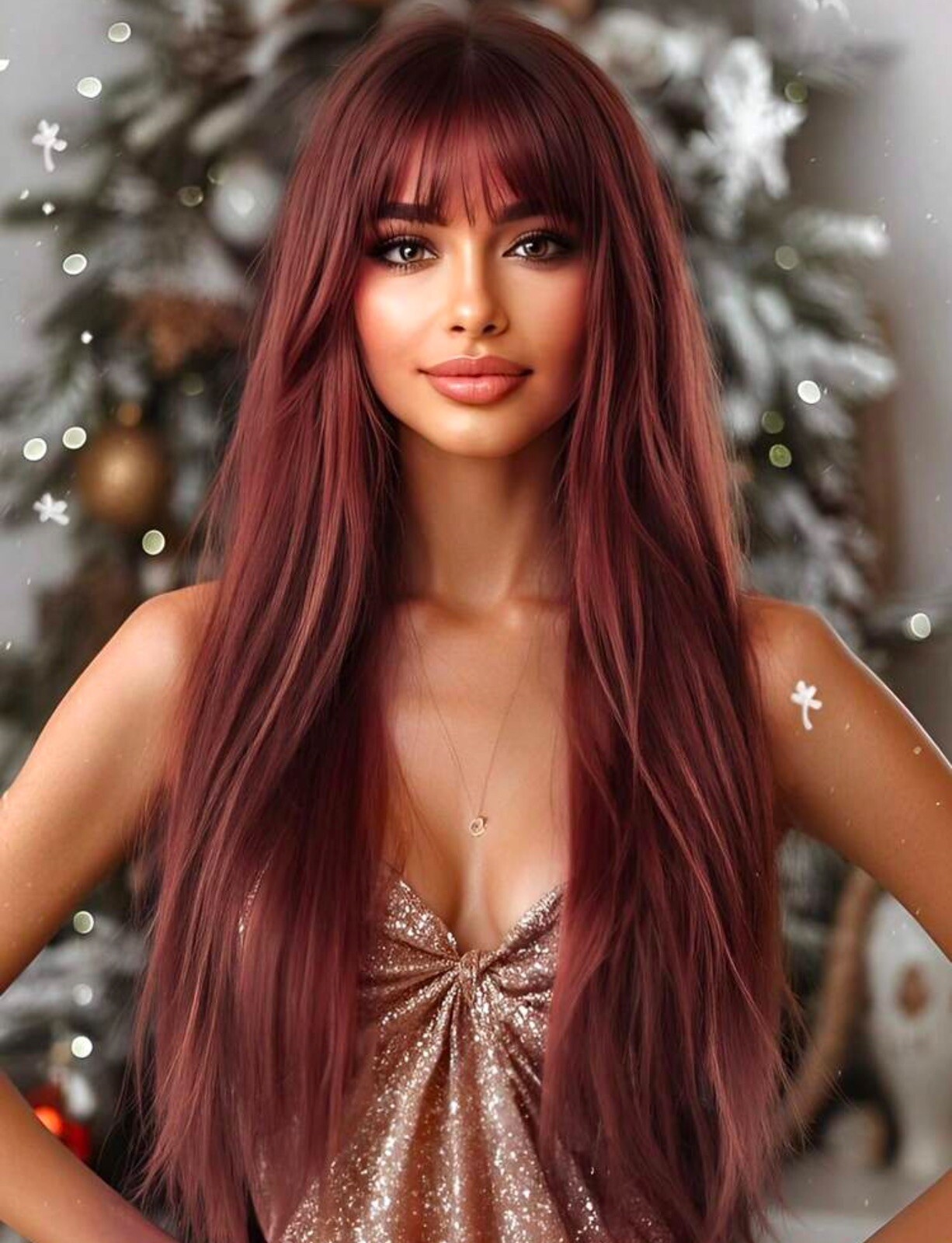 Perruque synthétique rouge foncé à frange longue avec kit d'accessoires complet