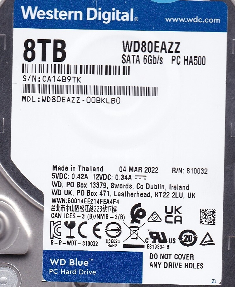 WD80EAZZ ［WD Blue 8TB］ 3.5inch HDD 動作確認済 正常品 使用時間