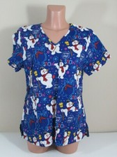 FROSTY THE SNOWMAN Women's Size M Blue Scrub Top Vibrant Colorful Winter Pattern