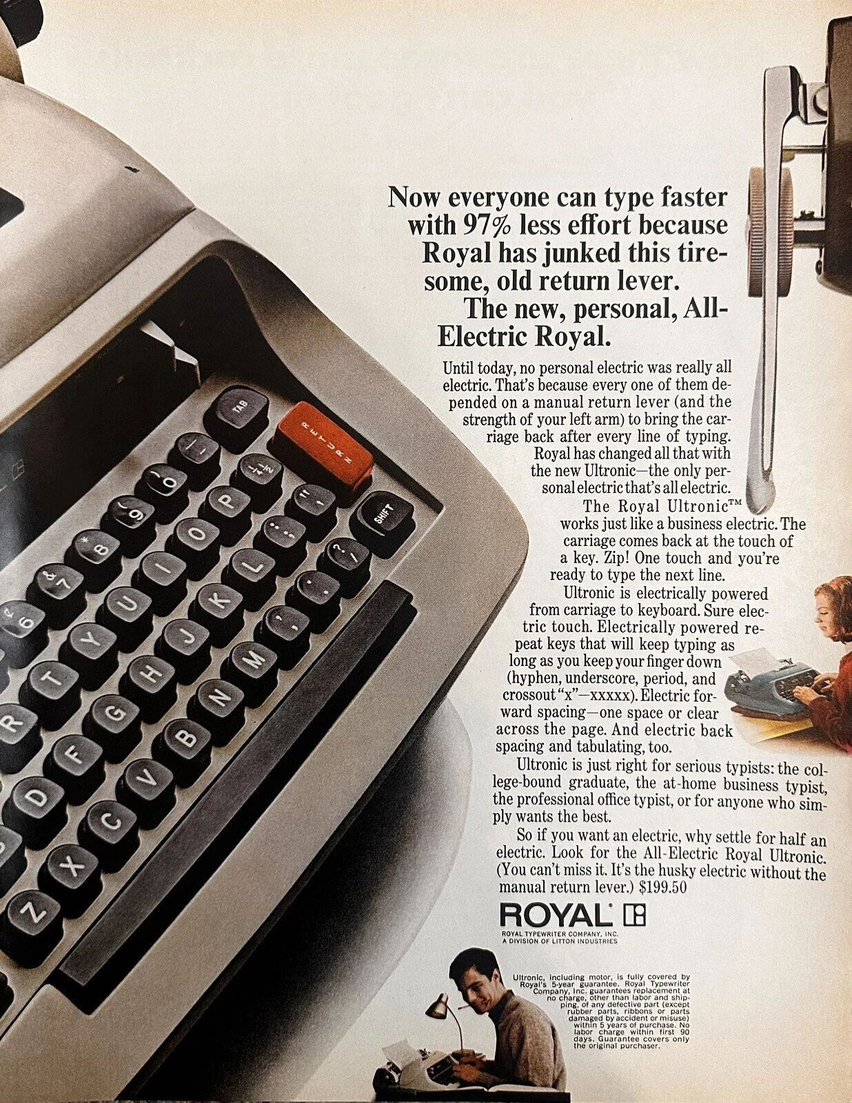 1967 Royal Typewriter Print Ad (Approx. 10.5x13.5) - Retro Electronics