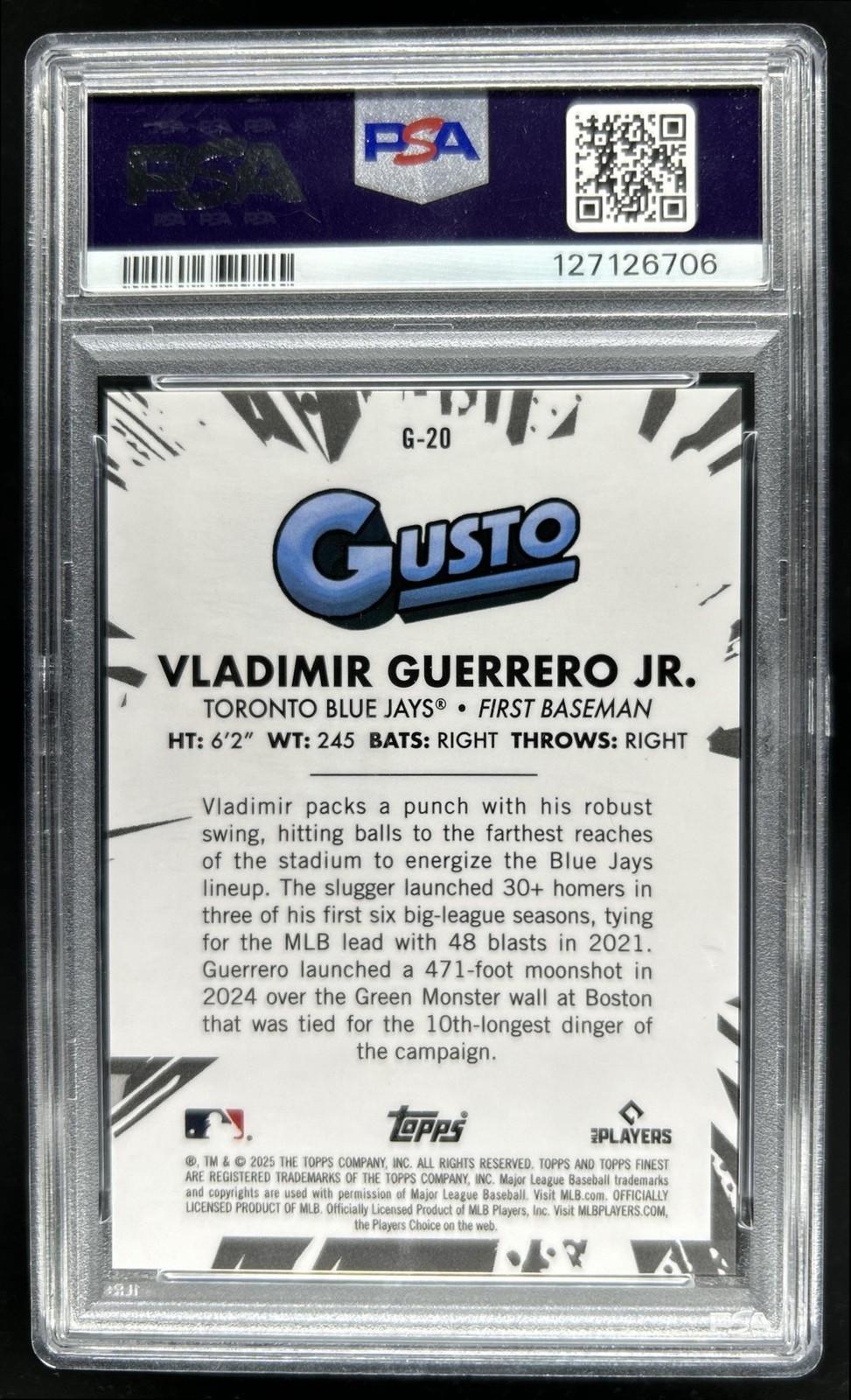 2025 Topps Finest Vladimir Guerrero Jr. Gusto #G-20 Blue Jays PSA 9 view 2