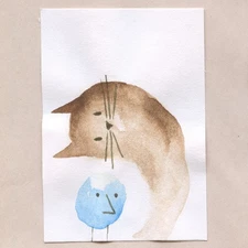 original painting ACEO art card blue brown surreal Watercolor Cat 3 Tim Olly