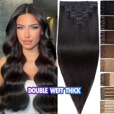 Double Weft 100% Remy Human Hair Clip In Real Hair Extensions Full Head THICK US