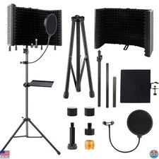 Premium 5-Sided Isolation Shield Mic Stand with Soundproof Booth & Pop Filter