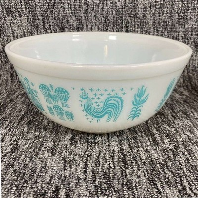 Vintage Pyrex Butterprint Mixing Bowl Turquoise Amish Rooster White Milk Glass