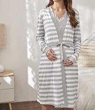 Nursing Maternity Dressing Gown - Grey /White stripes M (10)