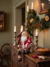 Primitive Handcrafted USA Red Striped Santa Claus Doll w/ Snowman Doll 12"