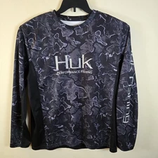 HUK Shirt Fishing Performance Mens Large Black/Gray Camo Long Sleeve Crew Shirt