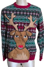 33 Degrees Ugly Christmas Sweater Rudolph Holding Beer Pocket Knit Men's S j 