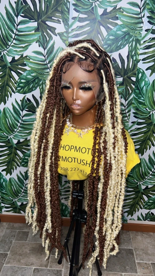 Peluca trenzada, trenzas de caja, locos de imitación, peluca frontal de encaje, sintética, sin nudos. Foto 4 de 4