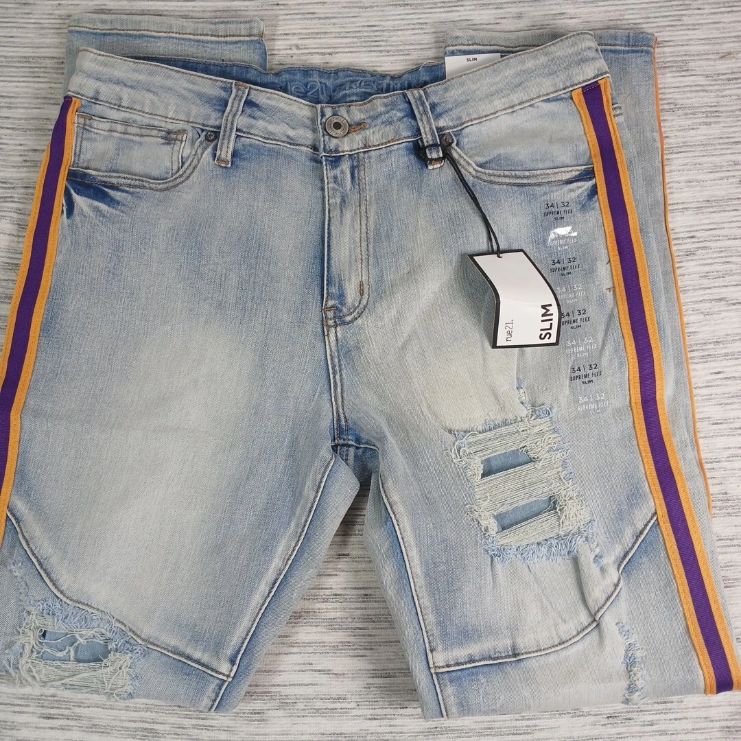 Jean Rue21 Premium Homme 34 X 32 Bleu Clair Supreme Flex Skinny Distressed 