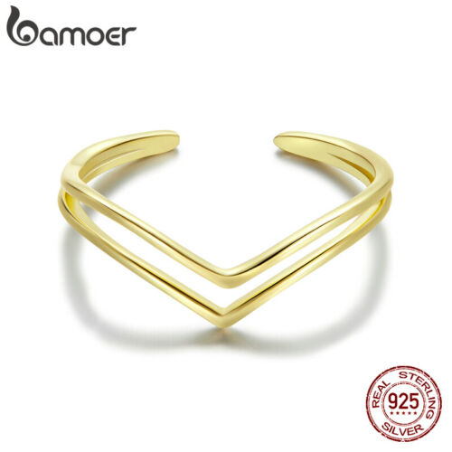 BAMOER Fine S925 Sterling Silver Golden Finger Ring For Women Fashion Jewelry - Afbeelding 1 van 11