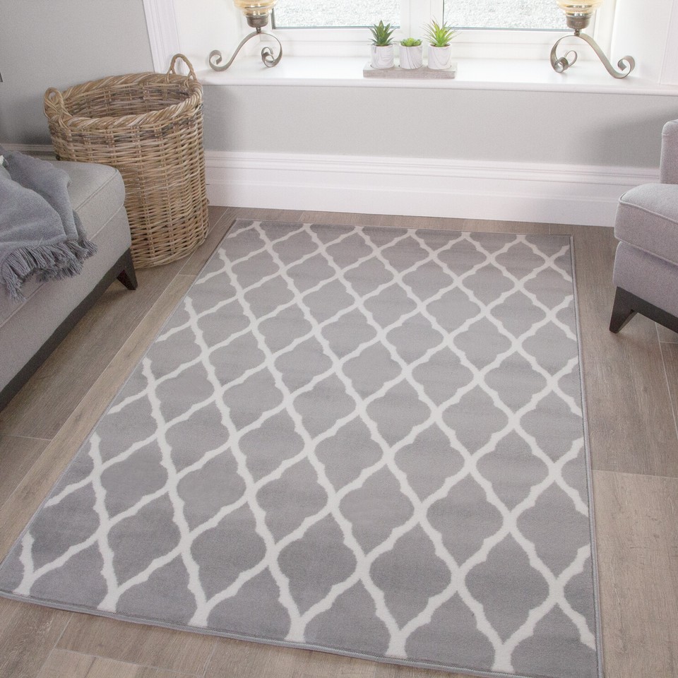 SALE Neutral Modern Trellis Silver Grey Living Room Large Runner Rug ...