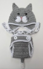 BABY HAT CAT DIAPER COVER SET CROCHET kitty infant toddler beanie photo prop