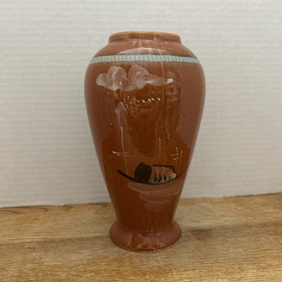 Asian Stoneware Vase Cinnamon Colored And Hand Painted 