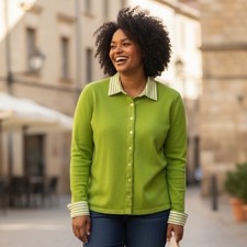 Jones New York Signature Green Button-Up Cardigan Striped Collar Cuffs M Trendy