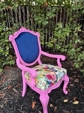 Upholstered Accent Chair with Arms Pink Frame Blue Back Floral Seat