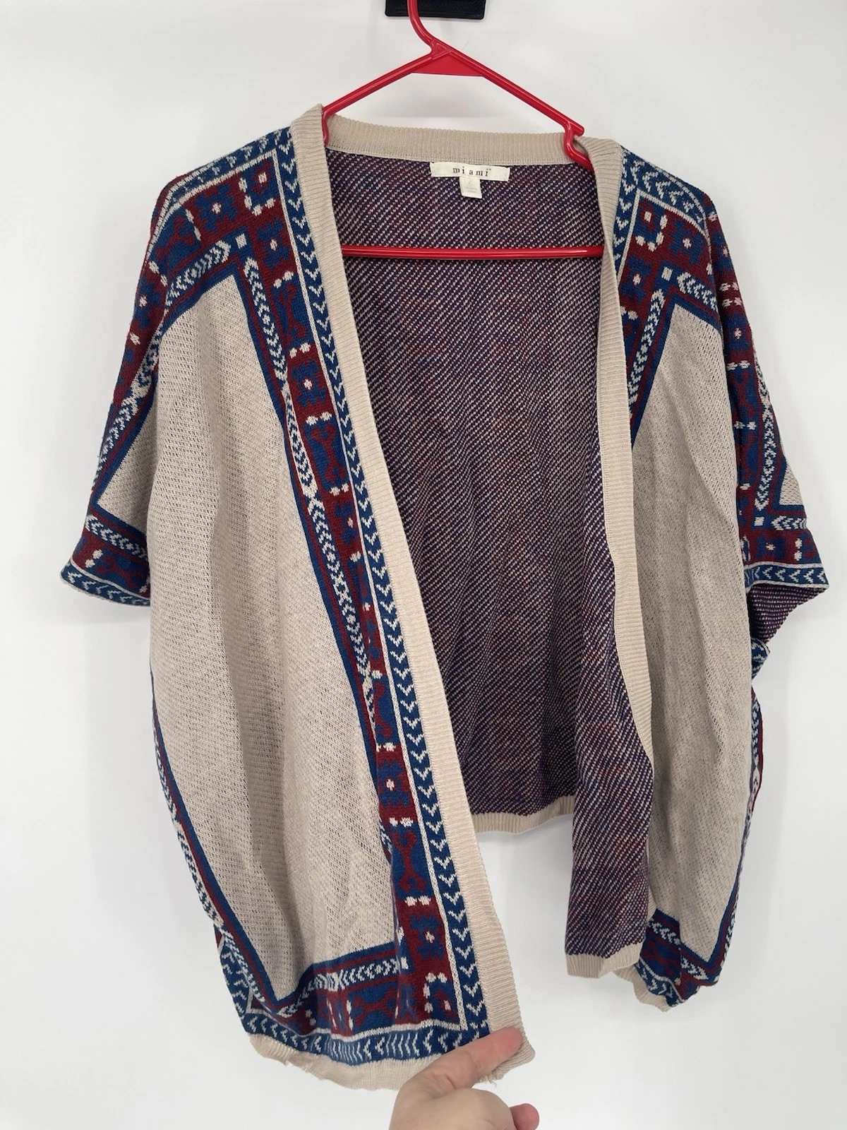 Mi ami Sweater Poncho Southwestern Aztec Tan Burgundy Blue Oversize Women's L