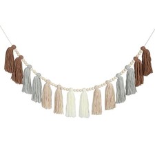 DrCor Neutral Boho Tassel Garland   Handmade Cream, Brown  Gray Yarn Banner ...