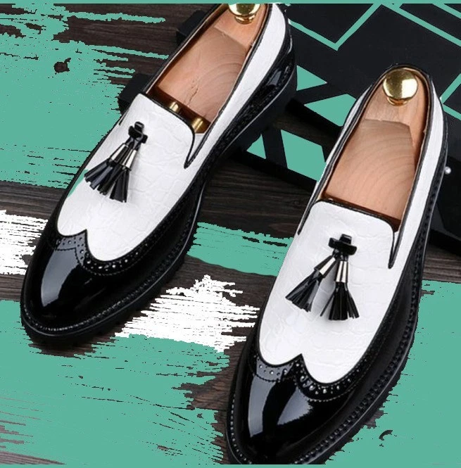 Bespoke Patent Leather Loafers Spectator Loafers Two tone WingTip Tessels Loafer