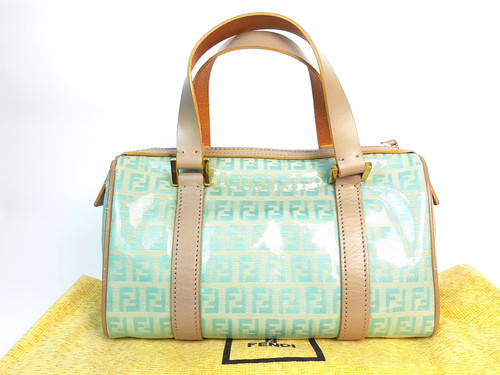 FENDI Zucca Mini Boston Bag Mint Green PVC Leather Handbag Italy Dust Bag