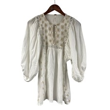 Free People White Puff Sleeve Mini Dress Tunic Sewn Boho XS