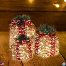 Set of 3 Pre-Lit Rattan Gift Boxes 10"x8.5"x7" with 70 Warm White LED Lights