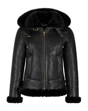 WOMEN'S B3 BOMBER REAL LEATHER JACKET FLYING AVIATOR SHEARLING HOODED RAF BLACK