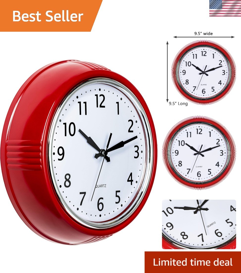 Retro Wall Clock 9.5 Inch Red Kitchen Vintage Silent Quartz Round Decor