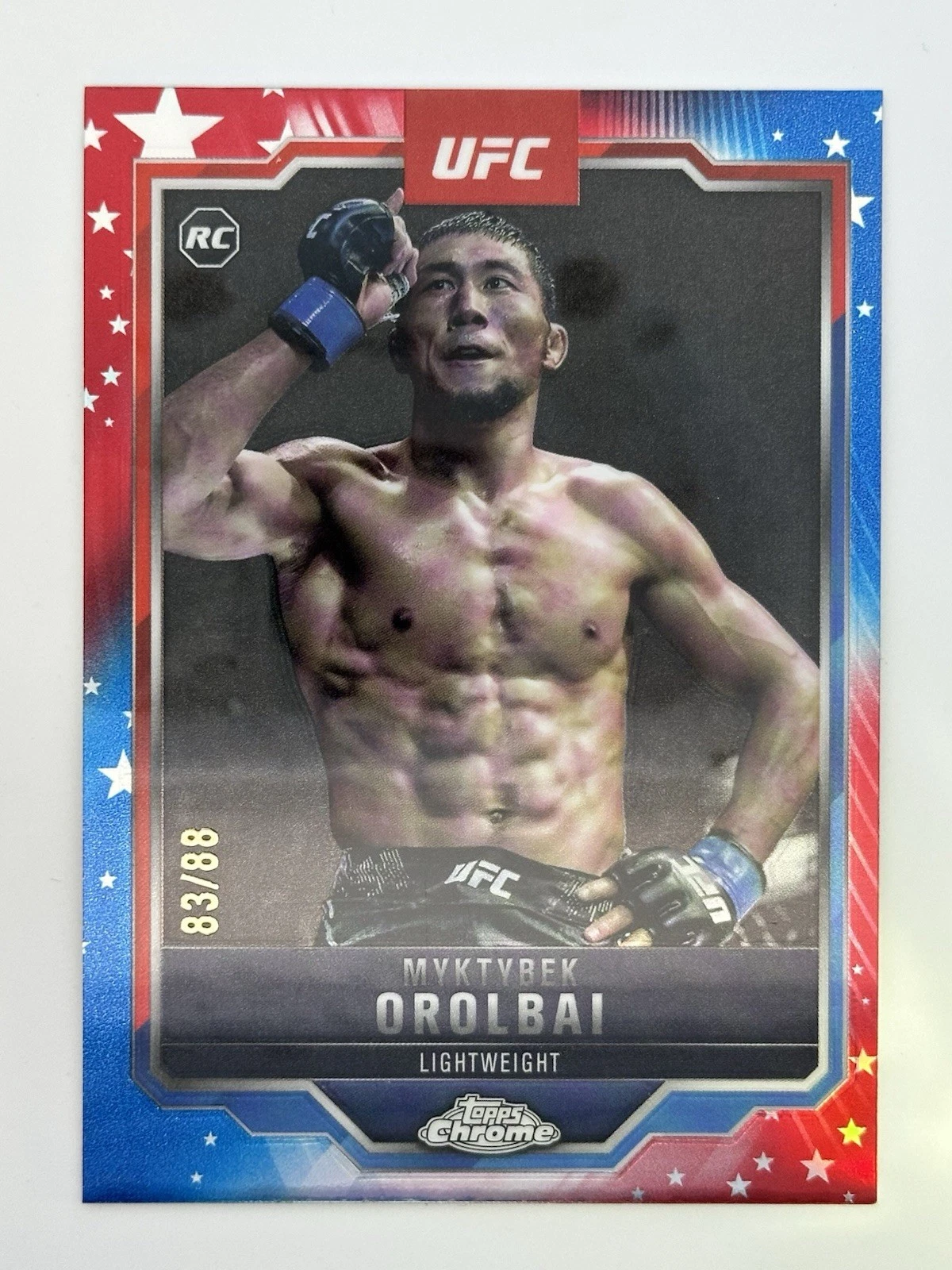 2025 Topps Chrome UFC Myktybek Orolbai Red White & Blue Refractor /88