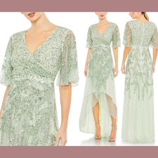 NWT Mac Duggal [ 18 ] 93681 Sequined Butterfly Sleeve High Low Gown Sage #S771