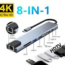 Hub USB-C -8 in 1- 4K HDMI, USB-C 3.1, USB /3.0/2.0, RJ45, TF/SD, 100W PD Charge