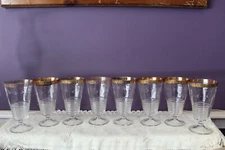 SET OF 8 FEDERAL GLASS ICED TEA TUMBLER GOLD RIMMED WITH VINE ETCHING