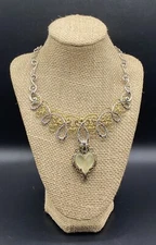 CAROLYN POLLACK-Sterling Brass Scroll Bib Yellow MOP Heart Enhancer Necklace