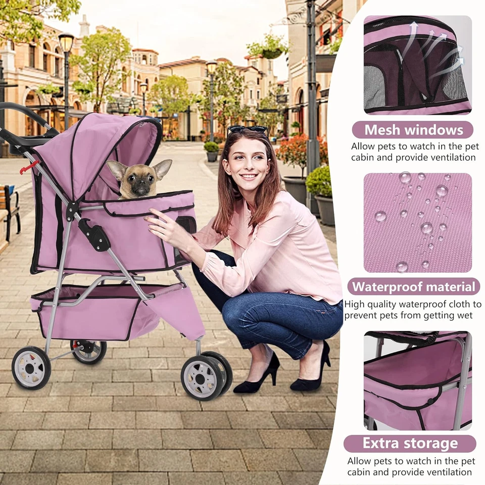 New Pink Pet Stroller Cat Dog Cage 3 Wheels Stroller Travel Folding Carrier - Image 4 of 4
