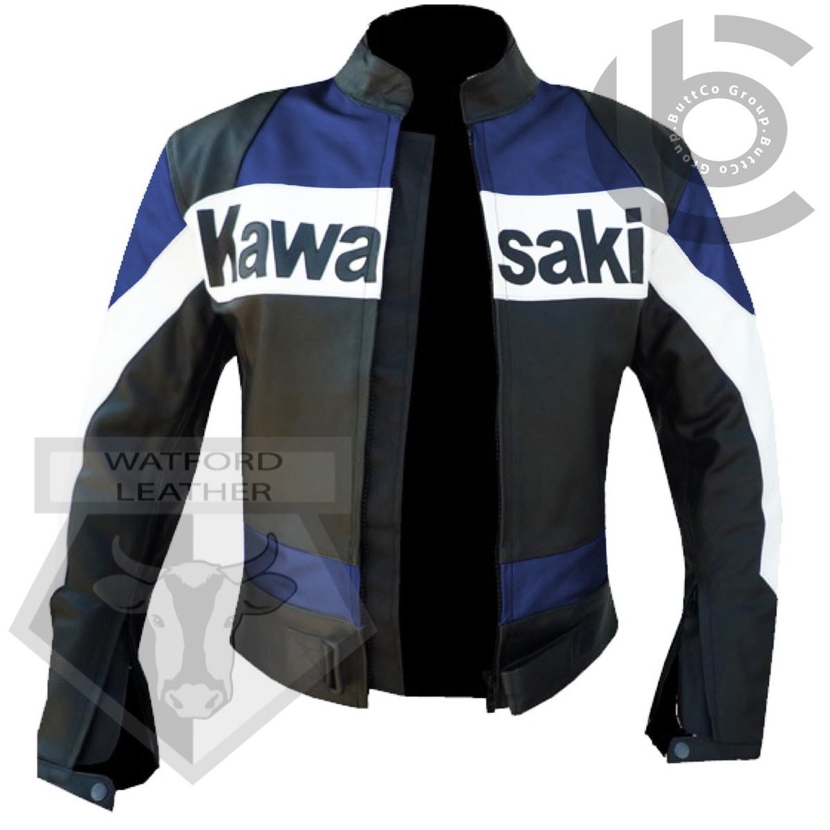 BLACK BLUE KAWASAKI MOTORBIKE PREMIUM COWHIDE LEATHER COAT BLACK BLUE KAWASAKI MOTORBIKE PREMIUM COWHIDE LEATHER COAT