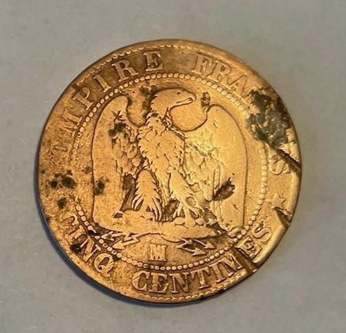 1857 Napoleón III Emperador Imperio Francés Moneda de Bronce Cinco Céntimos - Imagen 2 de 2