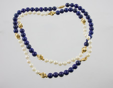 Lapis Lazuli  Cultured Pearl 15" Necklace With Gold Beads  14K Gold Clasp