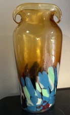 11.5” Art Glass Vase Hand Made Double Handled Multi Colored Base