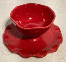 Vntg Ambiance Collection Ruffle Footed Desert Bowl & Plate Red. 2 pcs.  #16833