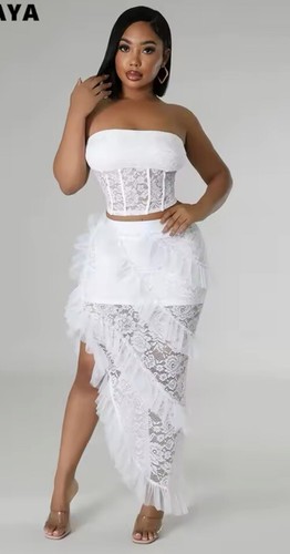 White Lace Sz Sm Layered Long Tulle Tutu Skirt Prom Party Ball Gown Set
