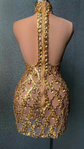 Hochgeschlossene Abendkleider durchsichtig sexy Strasskleid glänzende Kleider Damen - Bild 5 von 14