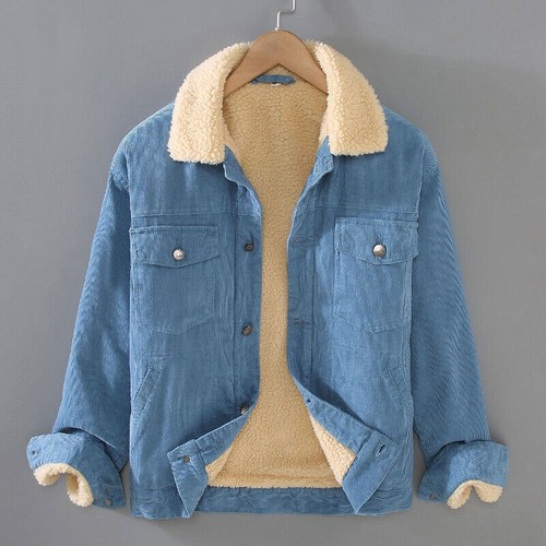Men Sherpa Lined Jacket Button Down Corduroy Warm Trucker Lapel Coat Winter - Picture 4 of 17