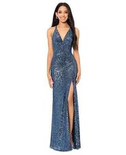 Blondie Nights Juniors Blue High-Slit Sequined Evening Gown Dress - 9 - Blue