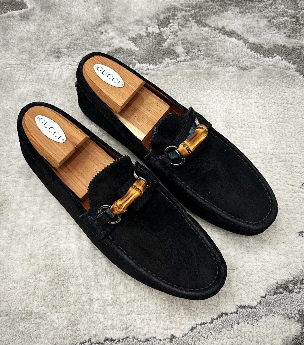 Authentic Gucci Bamboo Horsebit Black Suede Leather Mens Loafer 